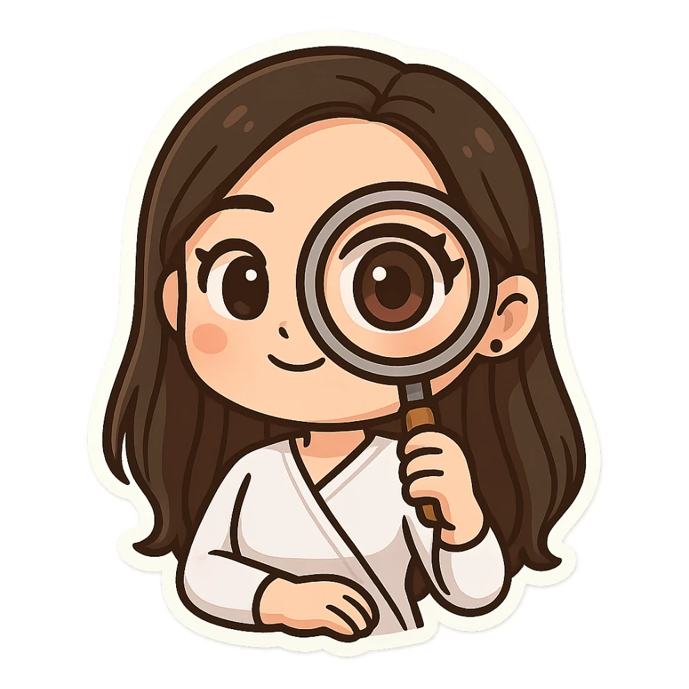 Create a chibi sticker of the girl from the previous successful bitmoji chibi stickers, looking at us through a magnifying glass, with part of her face and eye enlarged in the glass. She has long hair, the same face and style, with a white outline and transparent background. sticker