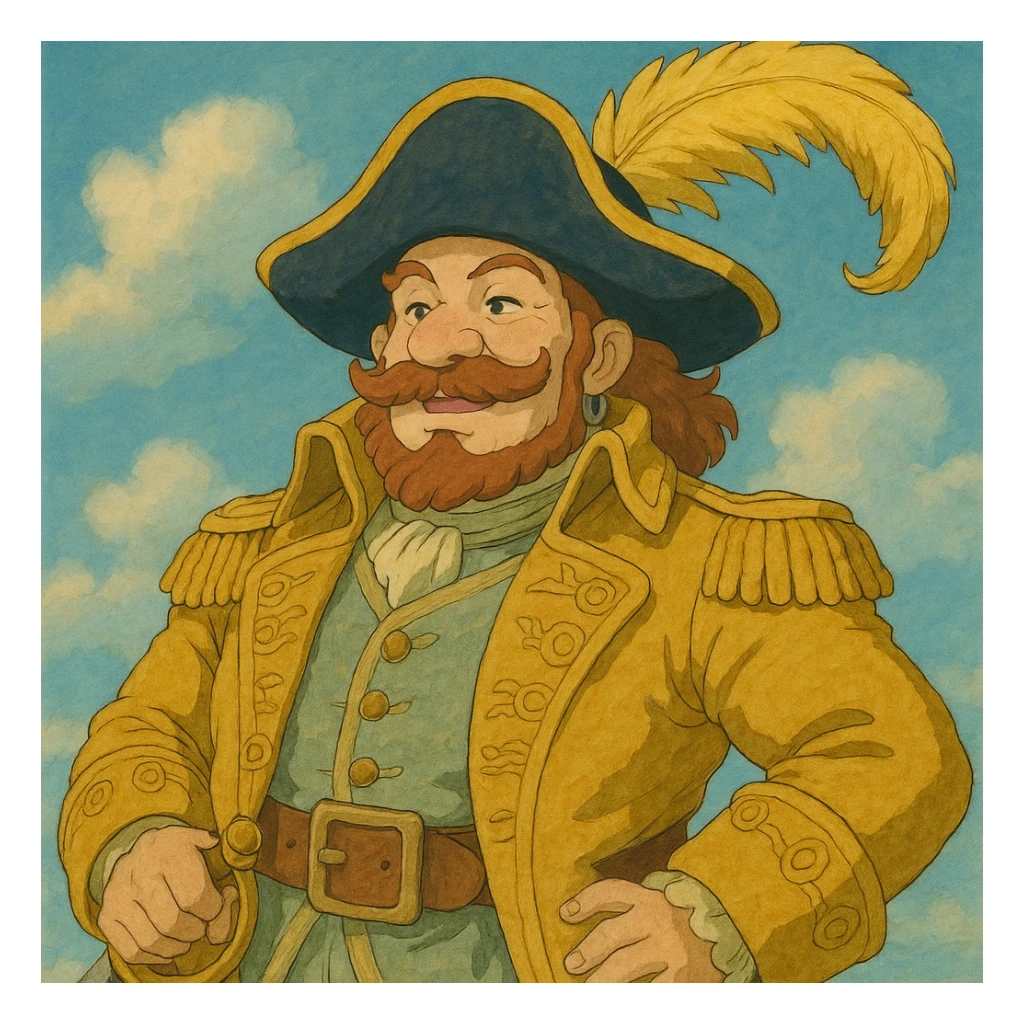 a pirate in a golden uniform and a hat with a golden feather, ghibli style sticker