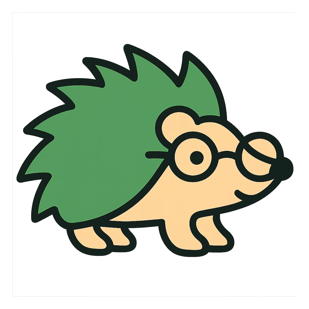Add glasses to the green hedgehog, modern and friendly style, with transparent background, in Color Outline style, with glasses. sticker