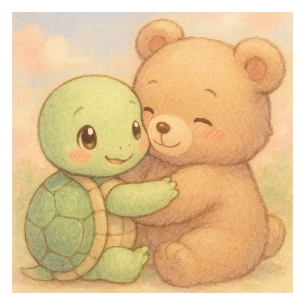 cute anime turtle and bear hugging, detailed, soft pastel colors sticker