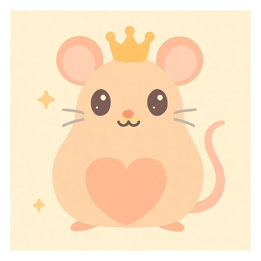 a rat queen with a peach-shaped body, wearing a tiny crown, soft pastel colors, whimsical and cute sticker
