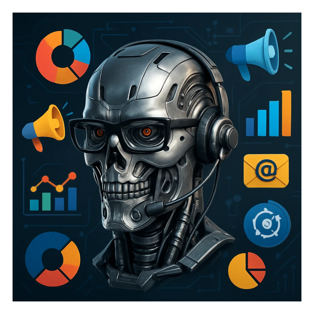 A metallic Terminator head with glasses and a headset, surrounded by marketing icons like graphs and megaphones, representing a marketing manager sticker