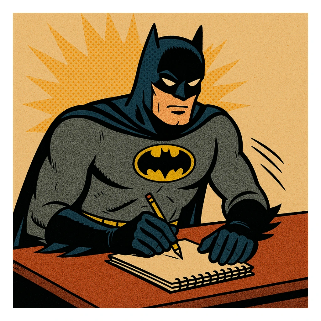 Batman sitting at a desk, taking notes, comic style sticker