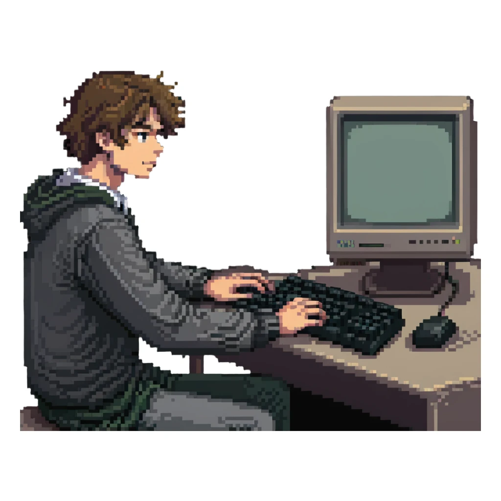 Young man sitting at an old school desktop computer with large monitor and keyboard sticker