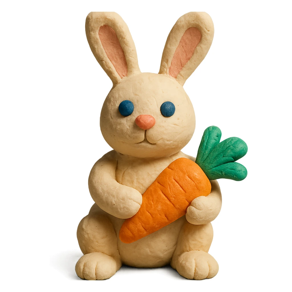 rabbit holding a carrot, soft lighting, textured look, vibrant colors, claymation style sticker