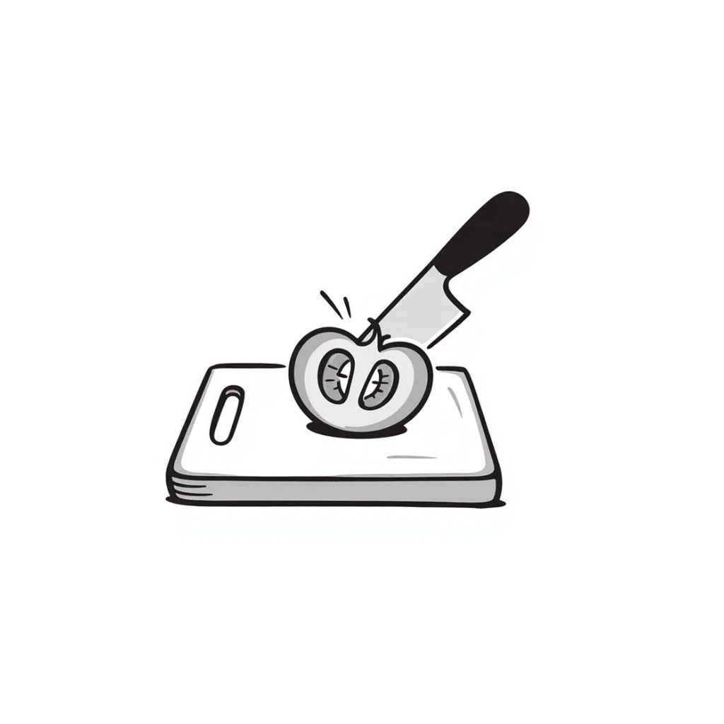hand-drawn kitchen knife cutting a fresh tomato on cutting board sticker