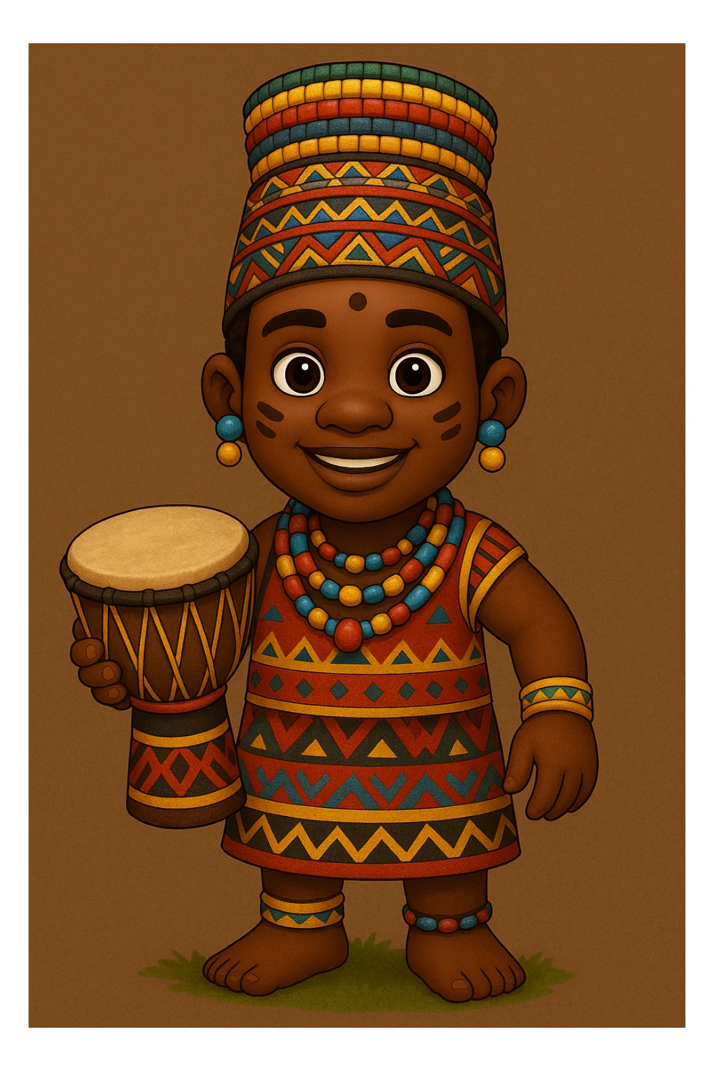 Create the same character as in the reference image but dressed in traditional African tribal attire, holding a drum, with a friendly expression, full body view. Maintain the character's original style and features. sticker