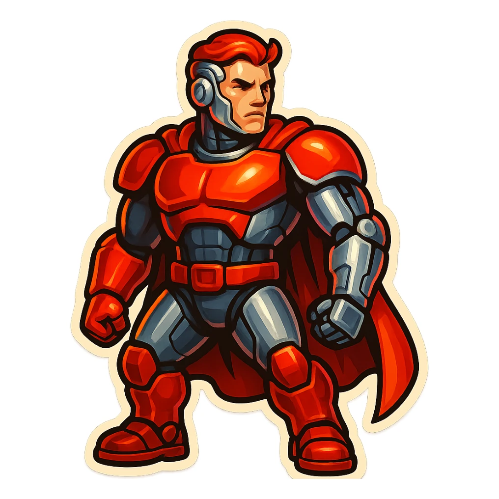 Scarlet Duke from the future, retro sticker style, cybernetic enhancements, red and silver colors, heroic stance, sticker border sticker