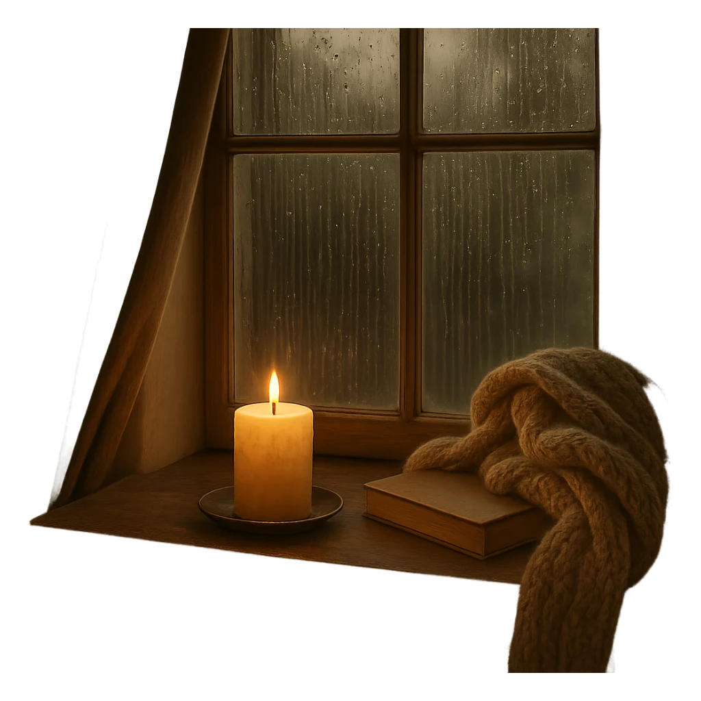 Remove the background, keep the window with rain outside and a candle on the sill, cozy mood, transparent background. sticker