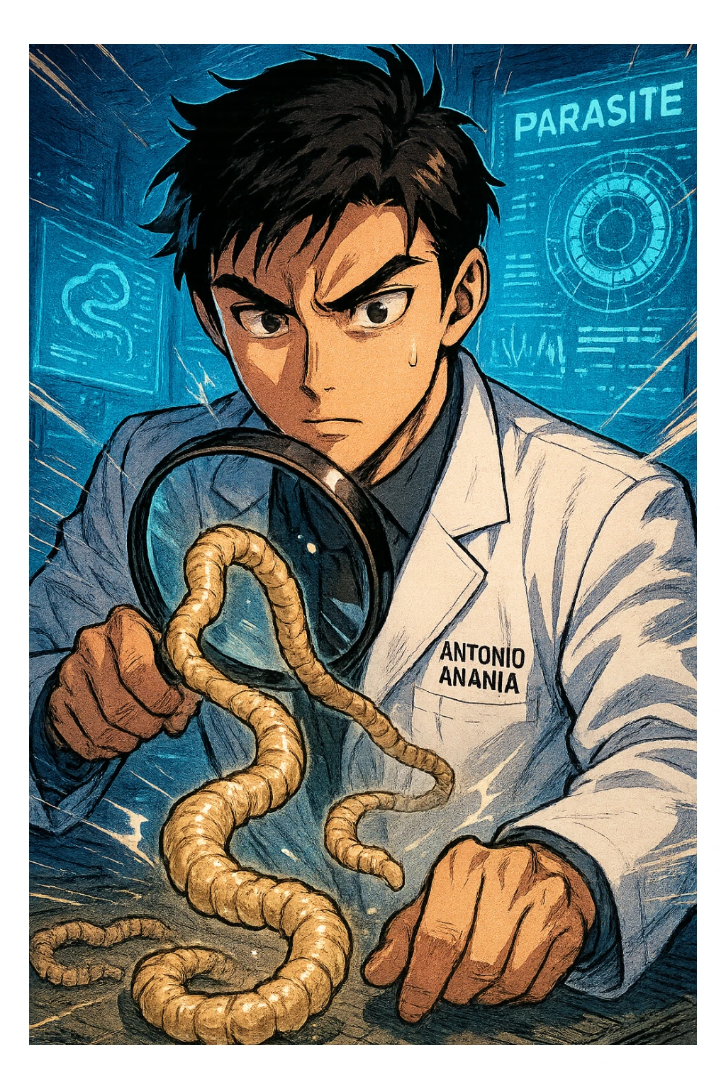 A dynamic manga/webtoon-style illustration of a young male kinesiologist wearing a clean white lab coat, analyzing light beige worms like a tapeworm under a magnifying glass. His expression is focused and slightly intrigued, with sharp, detailed eyes. The art style is vibrant, with bold linework, rich colors, and dramatic lighting. The background is a futuristic laboratory with glowing holographic screens displaying parasite data. The tapeworm is intricately drawn, slimy and segmented, with a slightly exaggerated yet realistic texture. The composition is dynamic, with motion lines or energy effects to emphasize his scientific investigation. The atmosphere is intense but not dark, keeping a balance between scientific seriousness and stylish manga aesthetics, he has "ANTONIO ANANIA" WRITTEN ON WHITE LAB COAT sticker