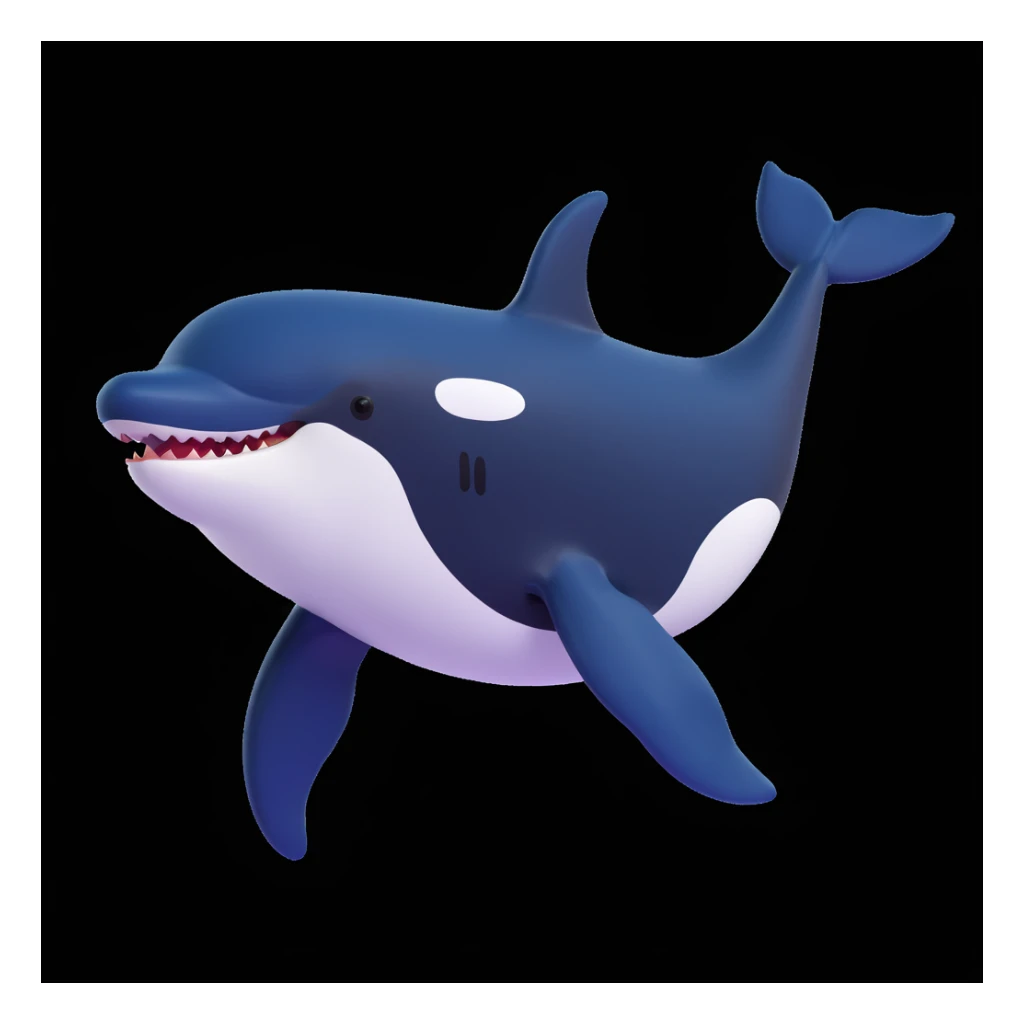 killer whale, 3d, exaggerated features, cartoon style sticker