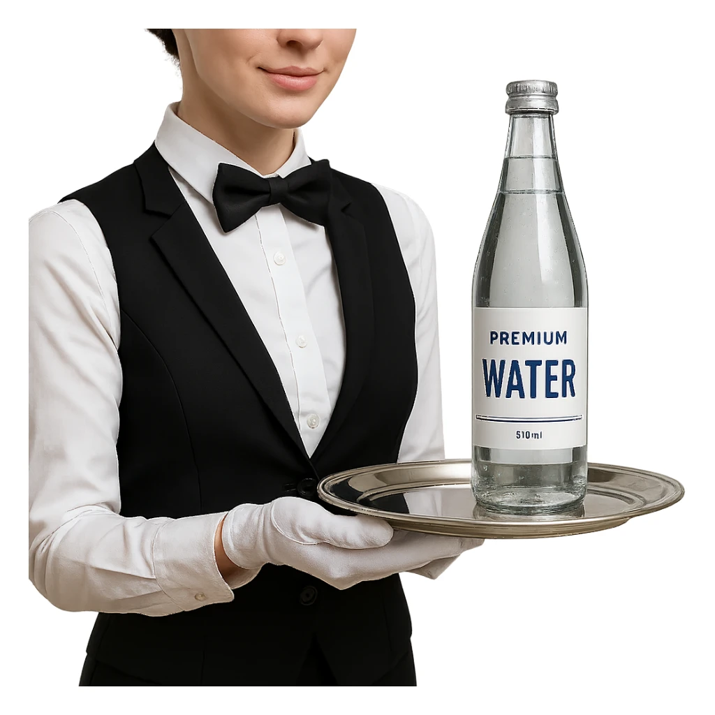 premium water bottle exposed on a premium plate by a high standard waitress sticker