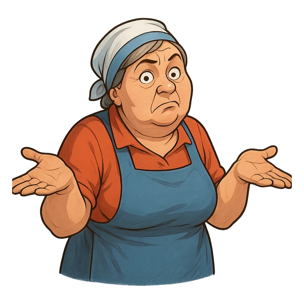 В позе этого мема сгенерируй типичную российскую продавшицу в продуктовом магазине, которая недоуменно разводит руками, слегка рисованный, но при этом объемный стиль, прозрачный фон sticker