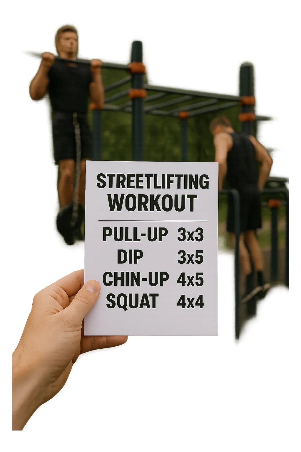 a close-up of a hand holding a printed streetlifting workout routine, with the exercises and sets written in bold text. In the background, an outdoor gym with pull-up bars, dip stations, and athletes wearing weighted belts. The lighting is natural, and the mood is motivational. sticker