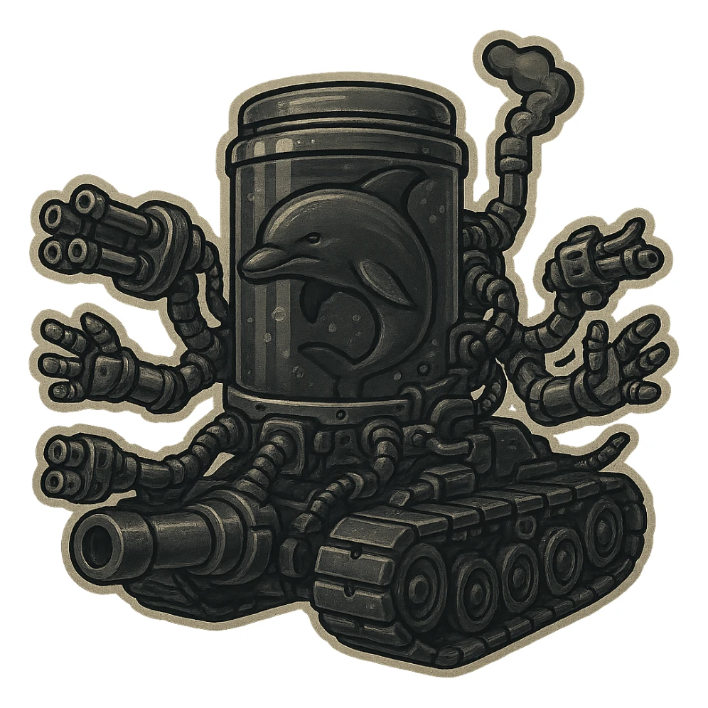 Create a retro sticker style image of a dolphin in a water tank mounted on tank treads, equipped with robotic arms with ranged weapons. The style should be less colorful, very menacing, and inspired by the gritty metallic look and mood of the attached skull tank image. No border around the sticker. sticker
