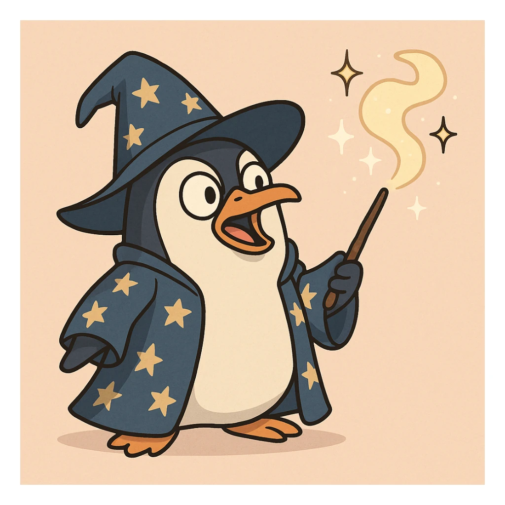 a penguin wizard casting a spell, with sparkles and a starry robe, cute cartoon style sticker