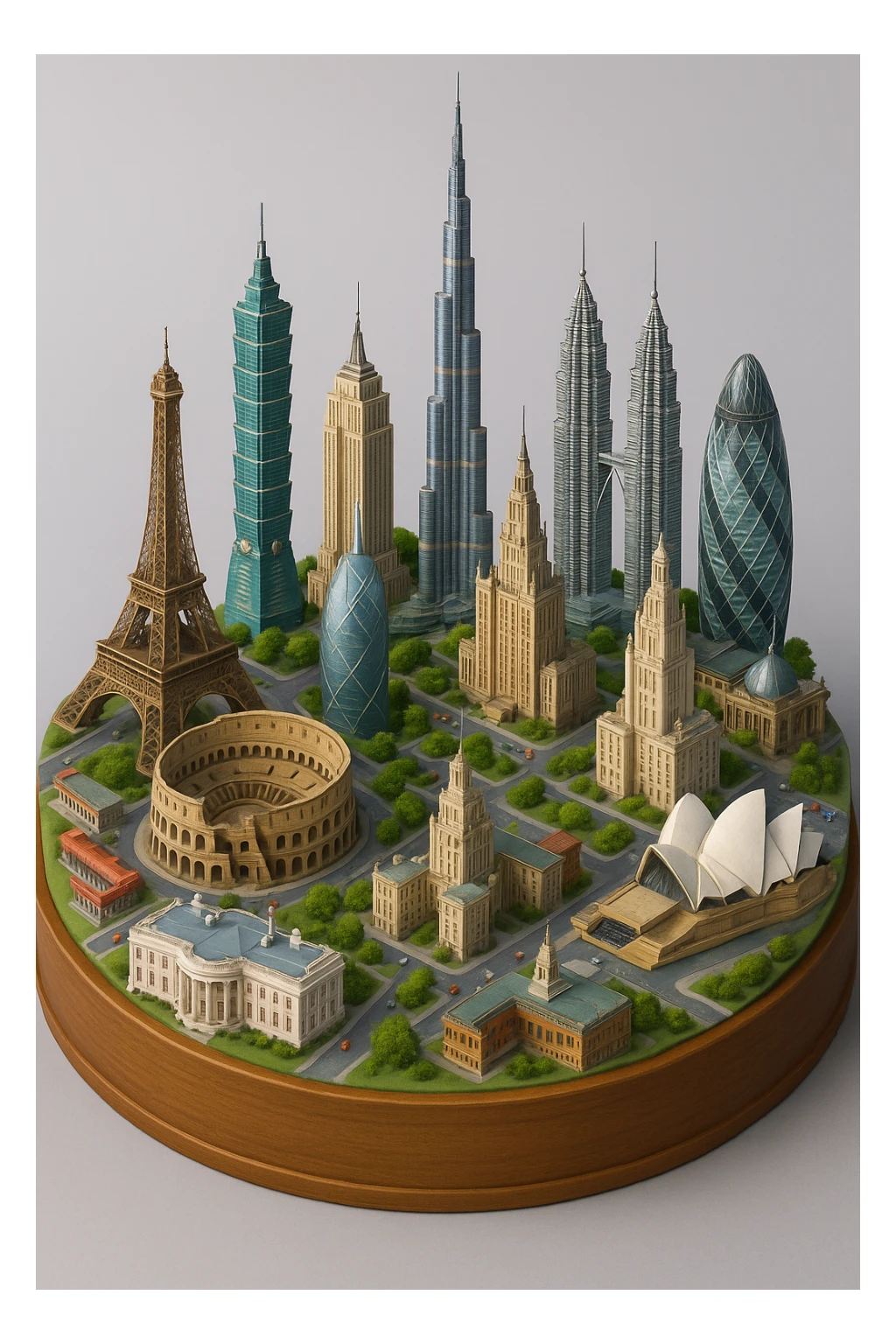 Оставь основу картинки - деревянную подставку, но при этом сгенерируй изометричную, яркая, детализированную и фотореалистичную модель где будет самые узнаваемые здания мира - Эмпайр Стейт Билдинг, Эйфелева башня, Колизей, Сиднейская опера, стадион Сан-Сиро, Белый Дом Пизанская башня, здание МГУ, Бурдж-Халифа, Башни Петронас, Небоскрёб Фостера в Лондоне, Рейхстаг, Тайбэй. Здания не должны повторять и должны быть на картинке в единственном экземпляре sticker