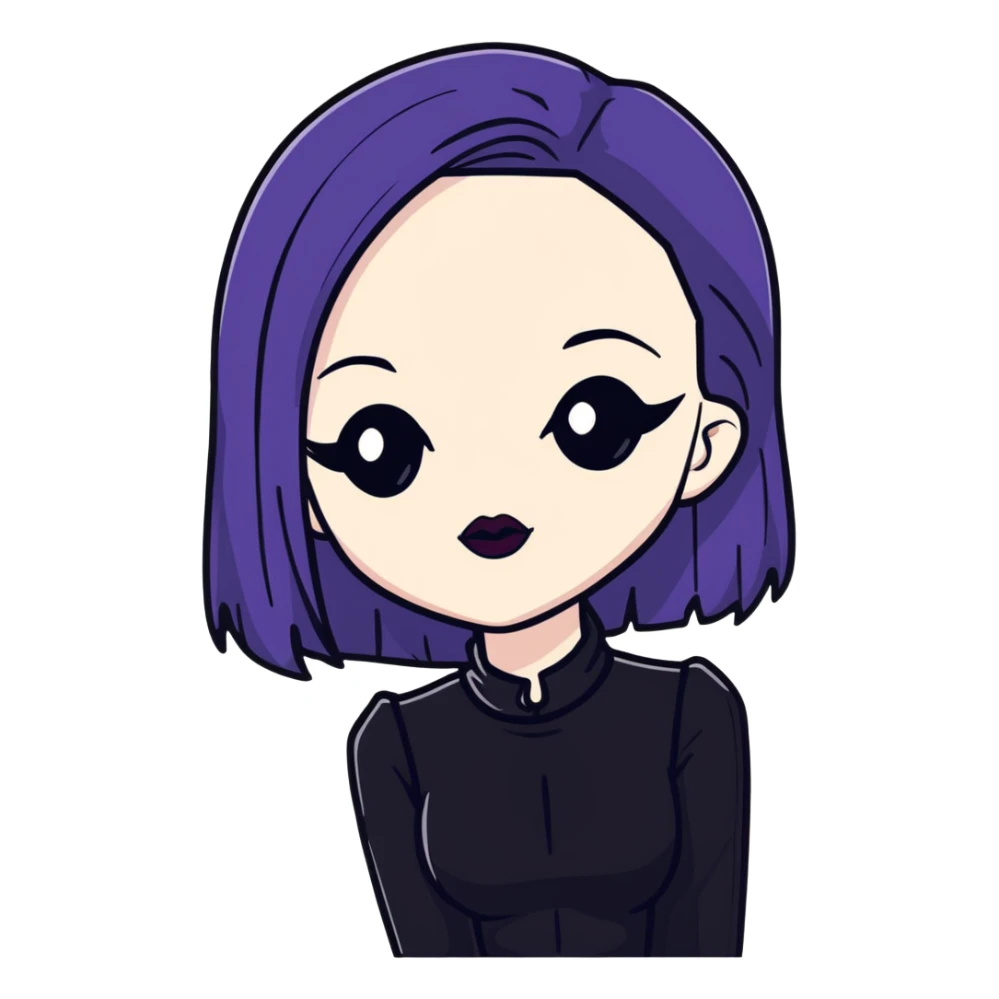black goth with pale skin, dark lipstick, black outfit sticker