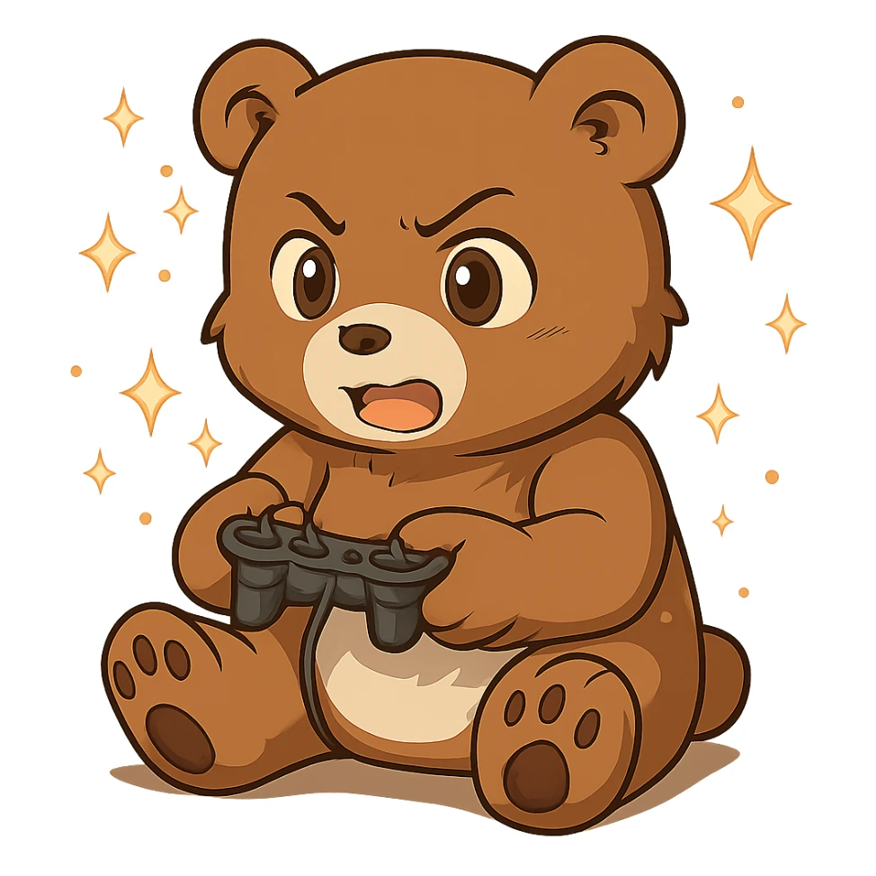 Add magical sparkles around the chibi bear playing video games. Keep the image with no background. sticker