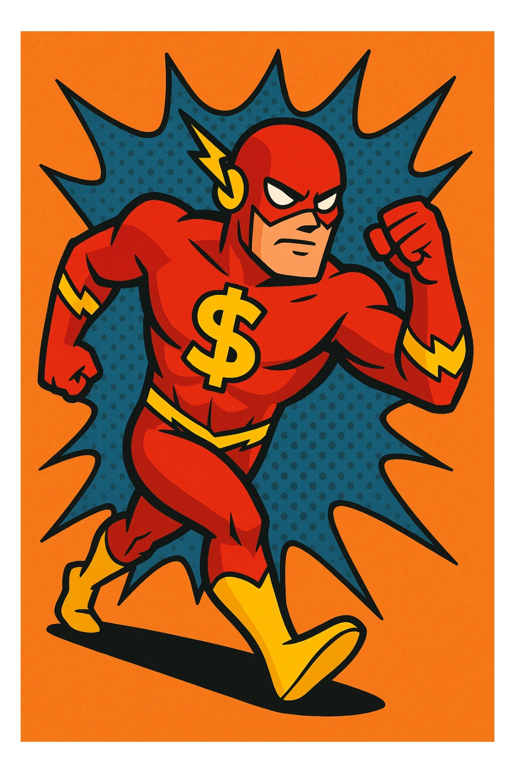 superhero in a dynamic pose inspired by The Flash, bold money symbol on chest, vibrant comic book style sticker