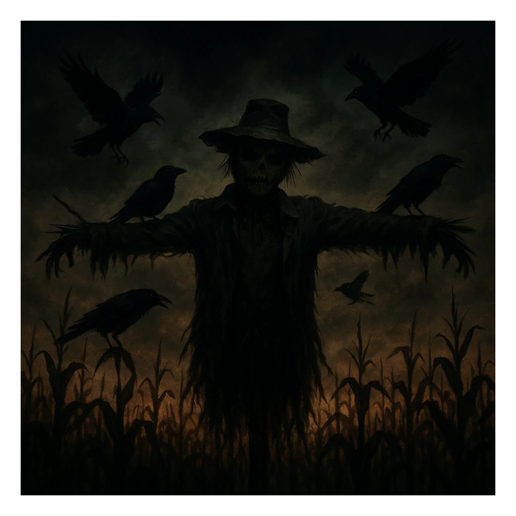 creepy banner, scarecrow in a cornfield at dusk, crows, ominous sky, horror movie style sticker