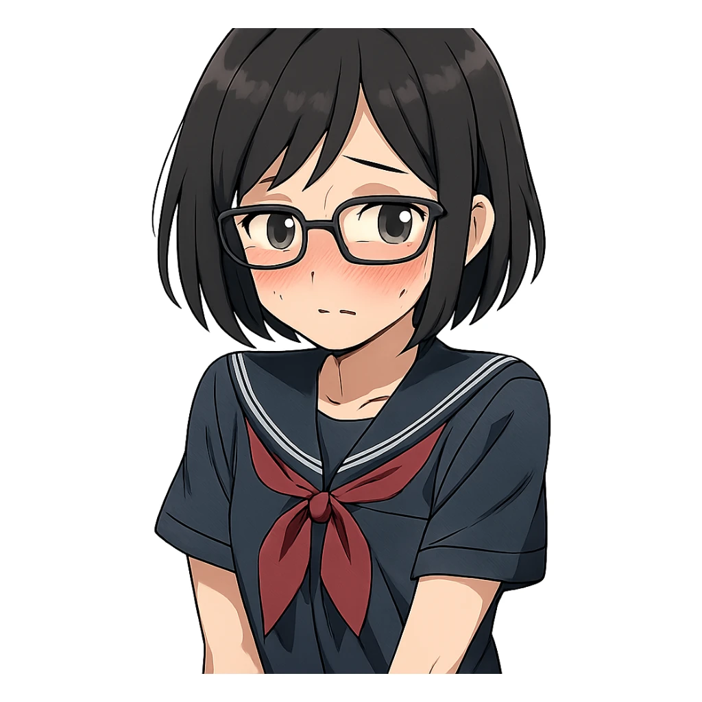 anime girl with short black hair, glasses, shy sticker