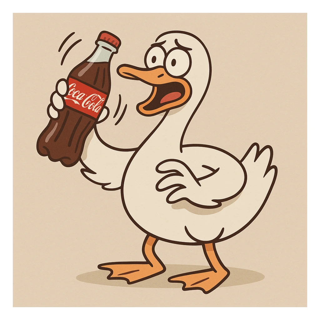 a goose shaking a Coca Cola bottle, cartoon style sticker