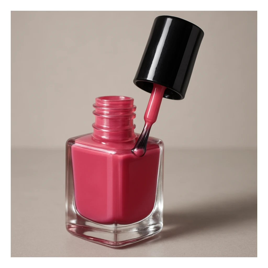 nail polish bottle with a brush slightly out, detailed sticker