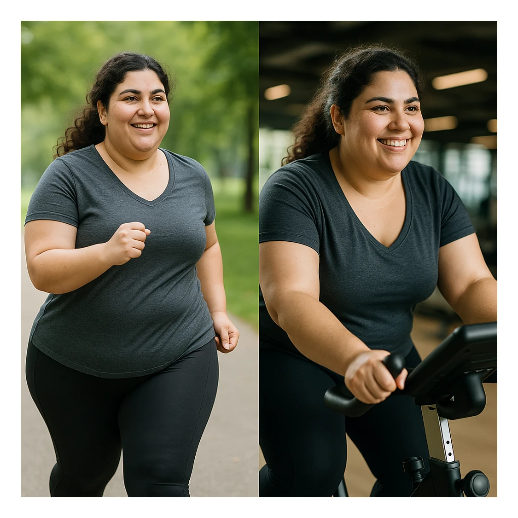woman with PCOS doing physical activity (brisk walking or exercise bike), wearing sportswear, motivated expression, wellness atmosphere, realistic details, gym or park background sticker