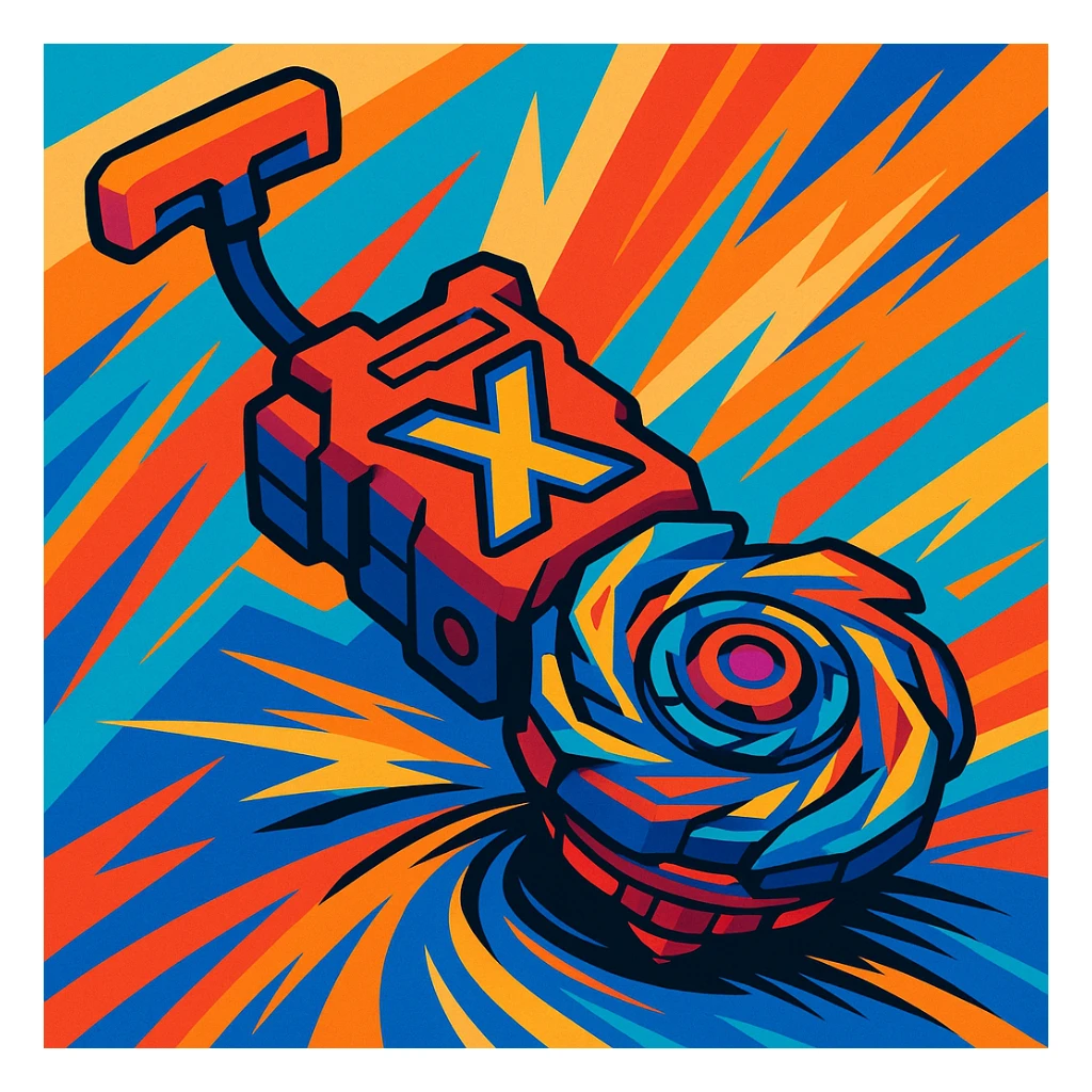 Beyblade X launcher, dynamic, vibrant colors, energetic, toy design sticker