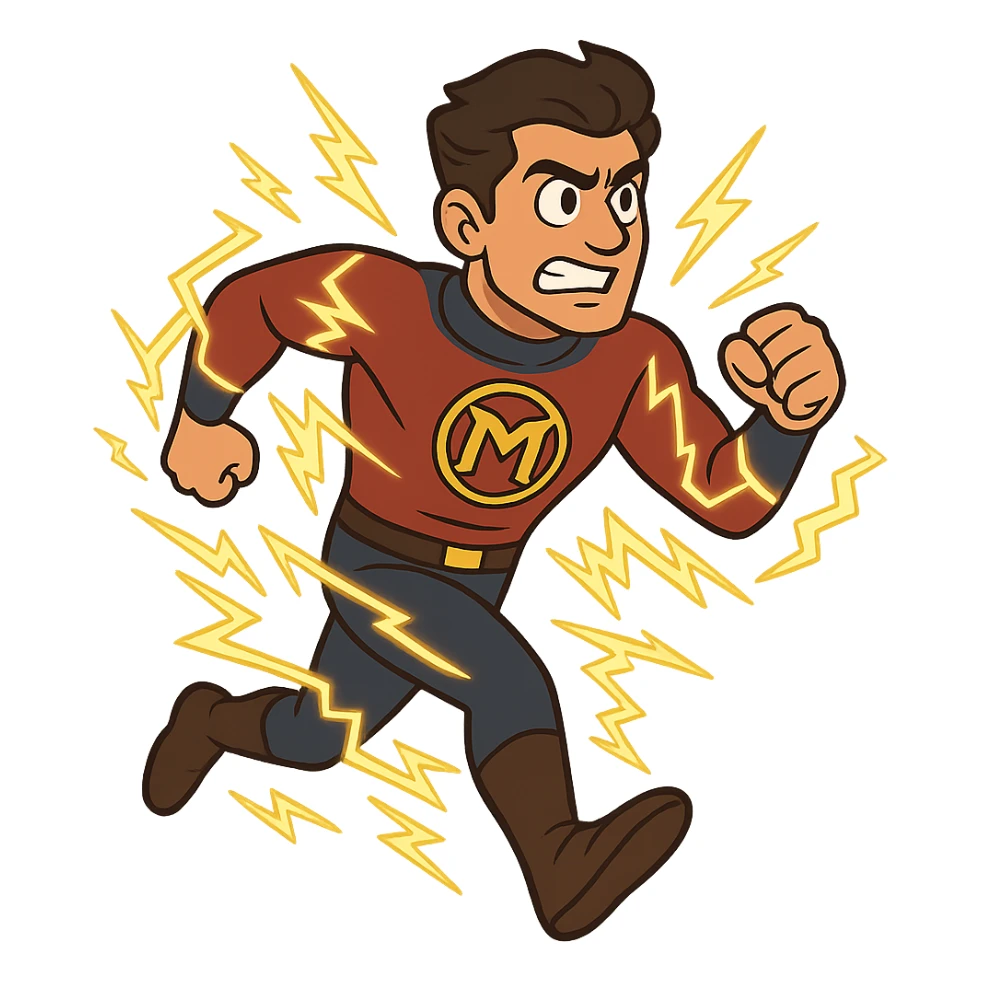 Minnal Murali running with lightning effects, cartoon style sticker