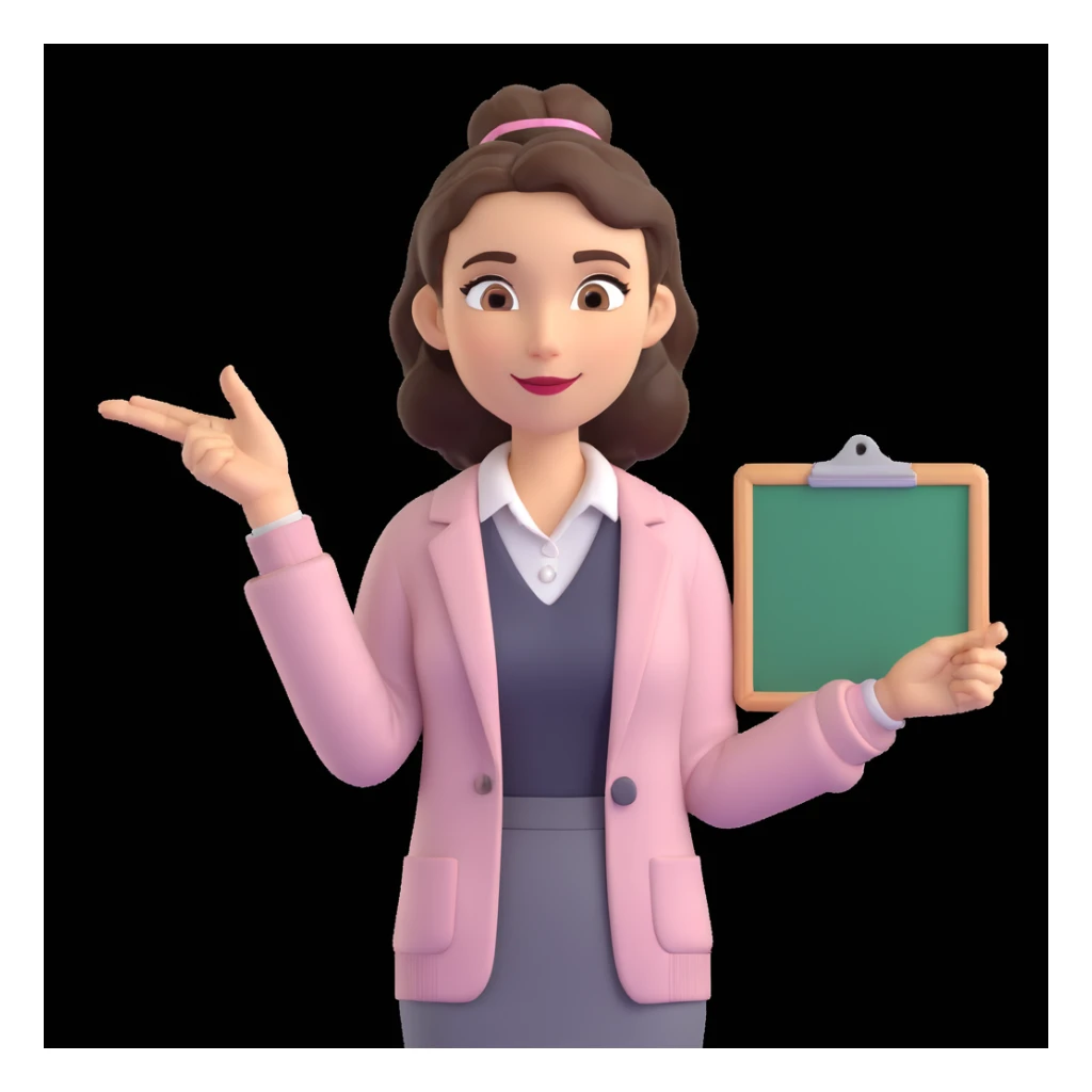 Friendly 3D cartoon female character, medium-length hair in bun or waves, expressive eyebrows, cheerful and confident, light cardigan or blazer over pastel collared shirt, one hand holding whiteboard, other hand pointing sideways, professional and approachable, neutral indoor background sticker