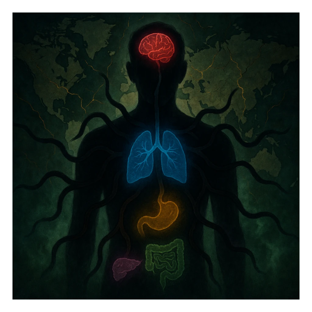 semi-realistic, moody style central human silhouette, dark worm-like forms radiate to organs, each organ surrounded by colored aura for a disease (red: migraine, blue: asthma, yellow: arthritis, green: colitis, purple: cirrhosis), world map, glowing cracks, green mist sticker
