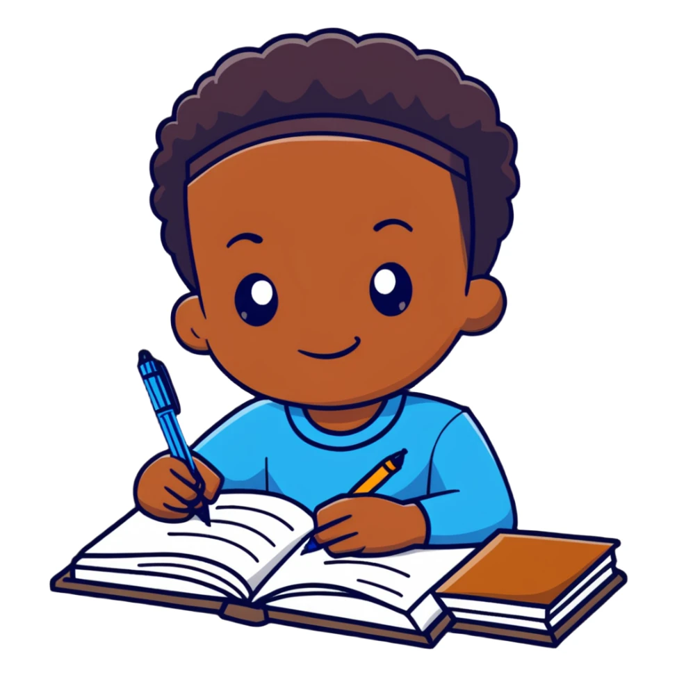 African boy student with brown skin writing with book and pen sticker