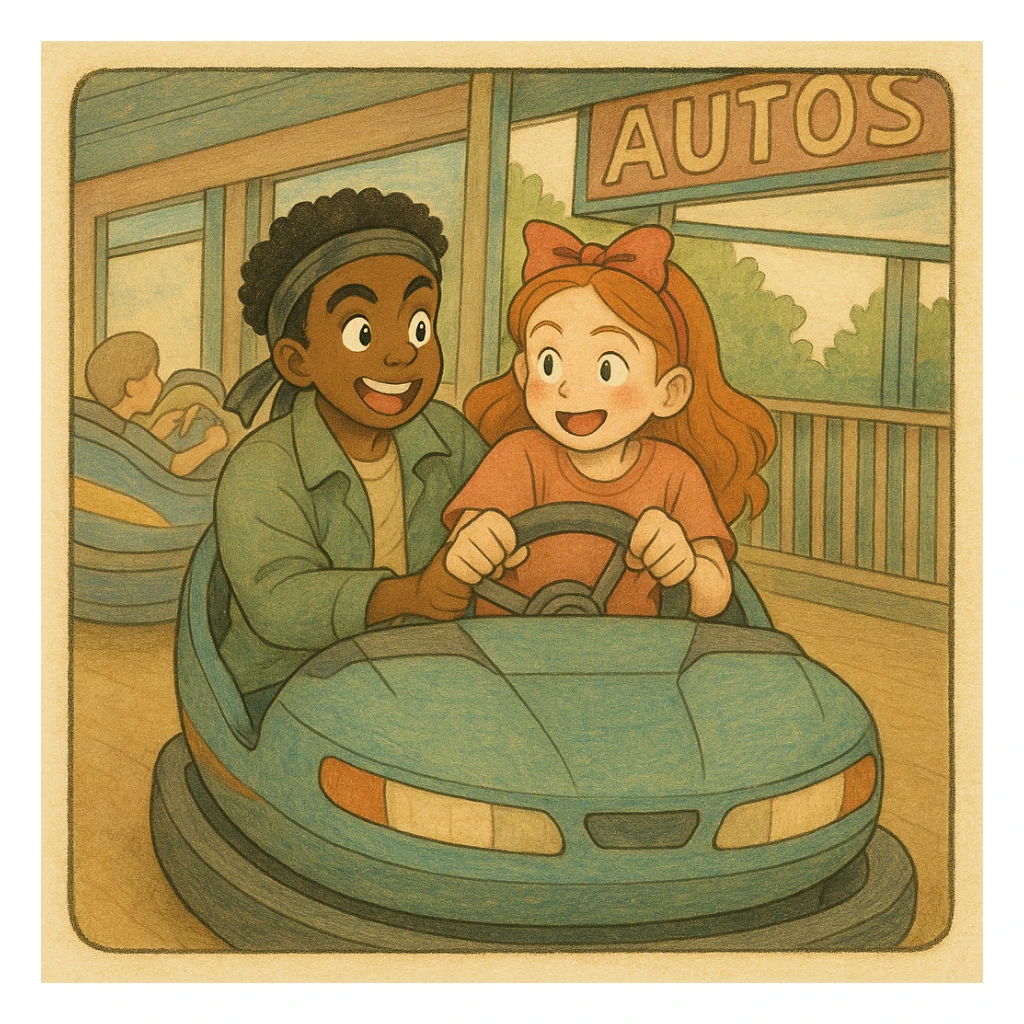 Replace the boy with the character Lucas from Stranger Things: short hair, dark skin, headband, animated expression. Replace the girl with the character Max: red hair, fun expression, casual clothes. Both characters in delicate Ghibli style with dark, thick contours and pastel color tones. Keep the bumper car scene as is, matching the previous examples in style and color. sticker