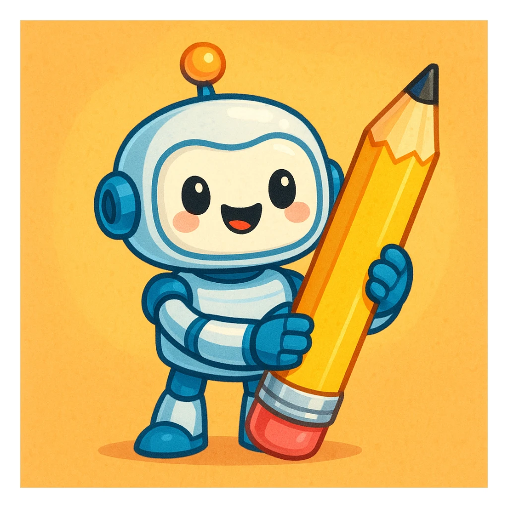 a cute robot holding a pencil, cheerful, for a writing assistant sticker