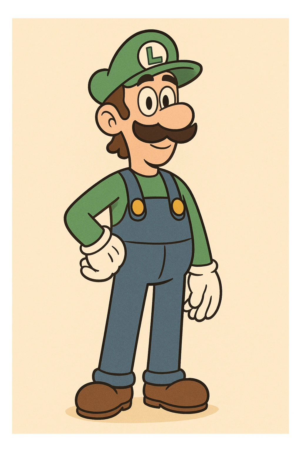 Luigi from Mario & Luigi, standing pose, green hat, blue overalls, brown shoes, mustache, friendly face, cartoon style sticker