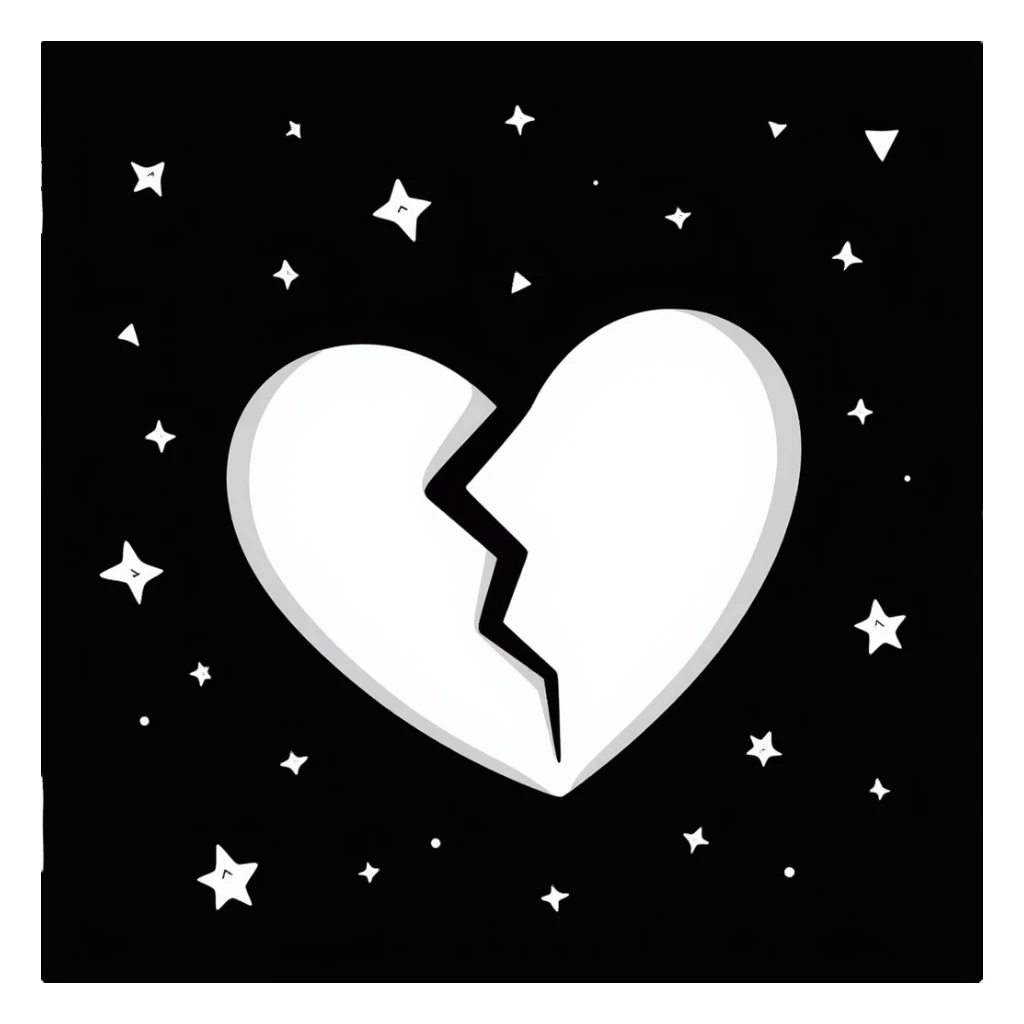 A broken heart surrounded by small, shining stars, with a dark background and a dreamy atmosphere sticker