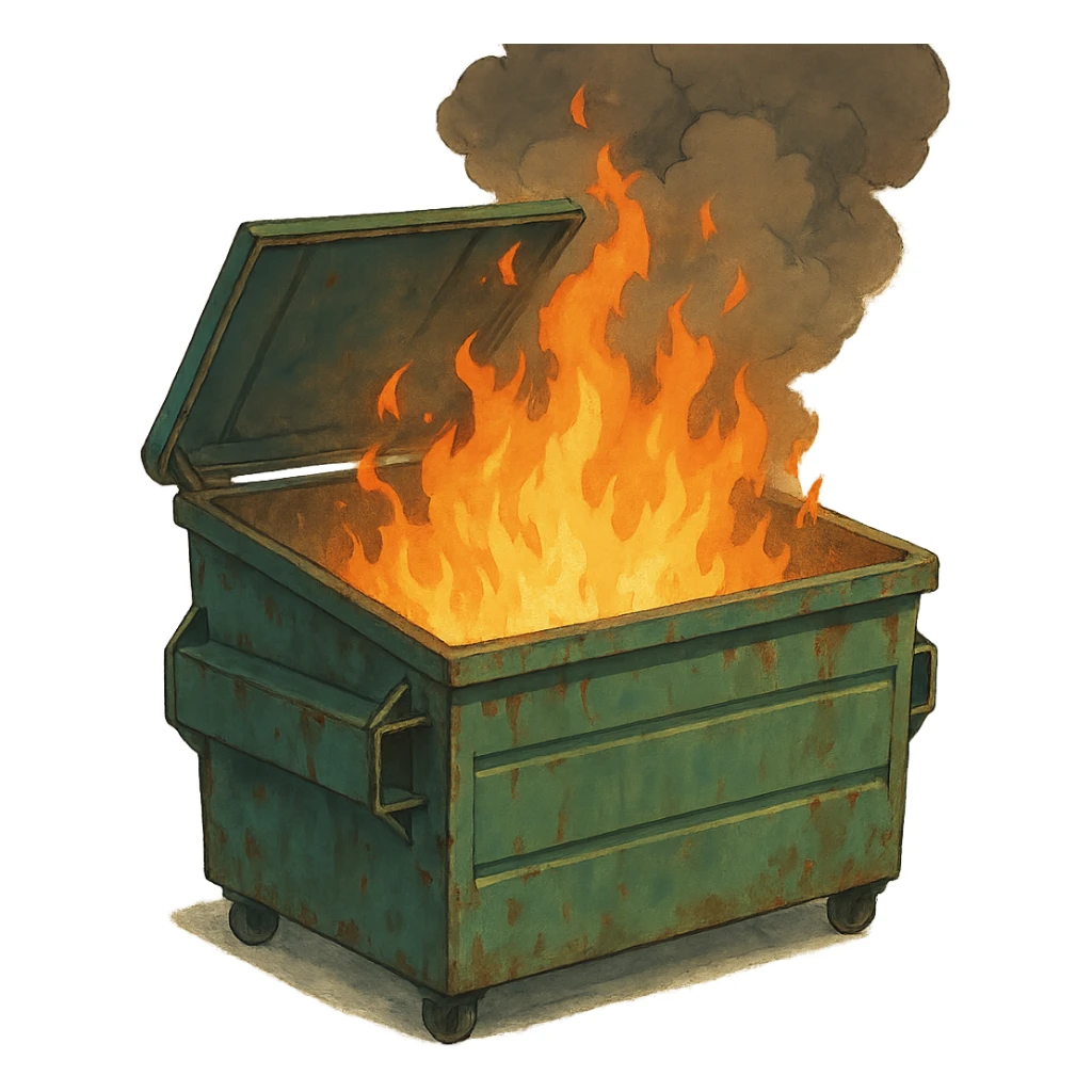 a dumpster, no lid, the lid is open, on fire sticker
