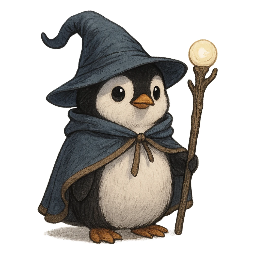 a penguin dressed as a wizard, with a pointy hat and a magic staff, cute, detailed character illustration sticker