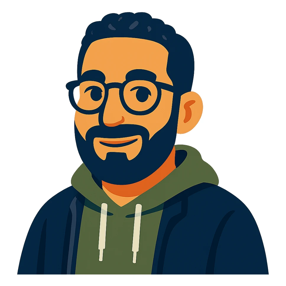 Make the icon look like the person in the reference photo: round glasses, short curly dark hair, full dark beard, olive hoodie, friendly expression in vibrant toon style. Keep transparent background. sticker
