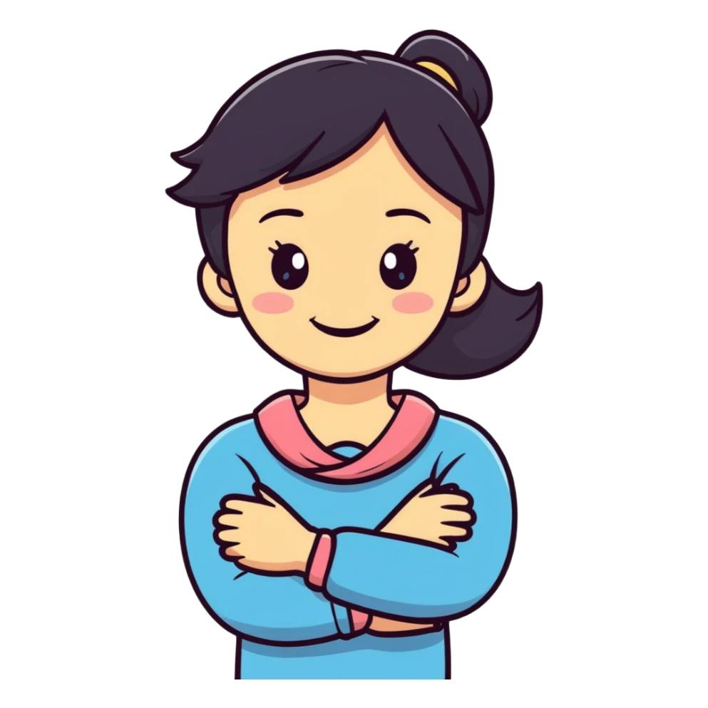 Girl laughing with crossed arms holding neck sticker