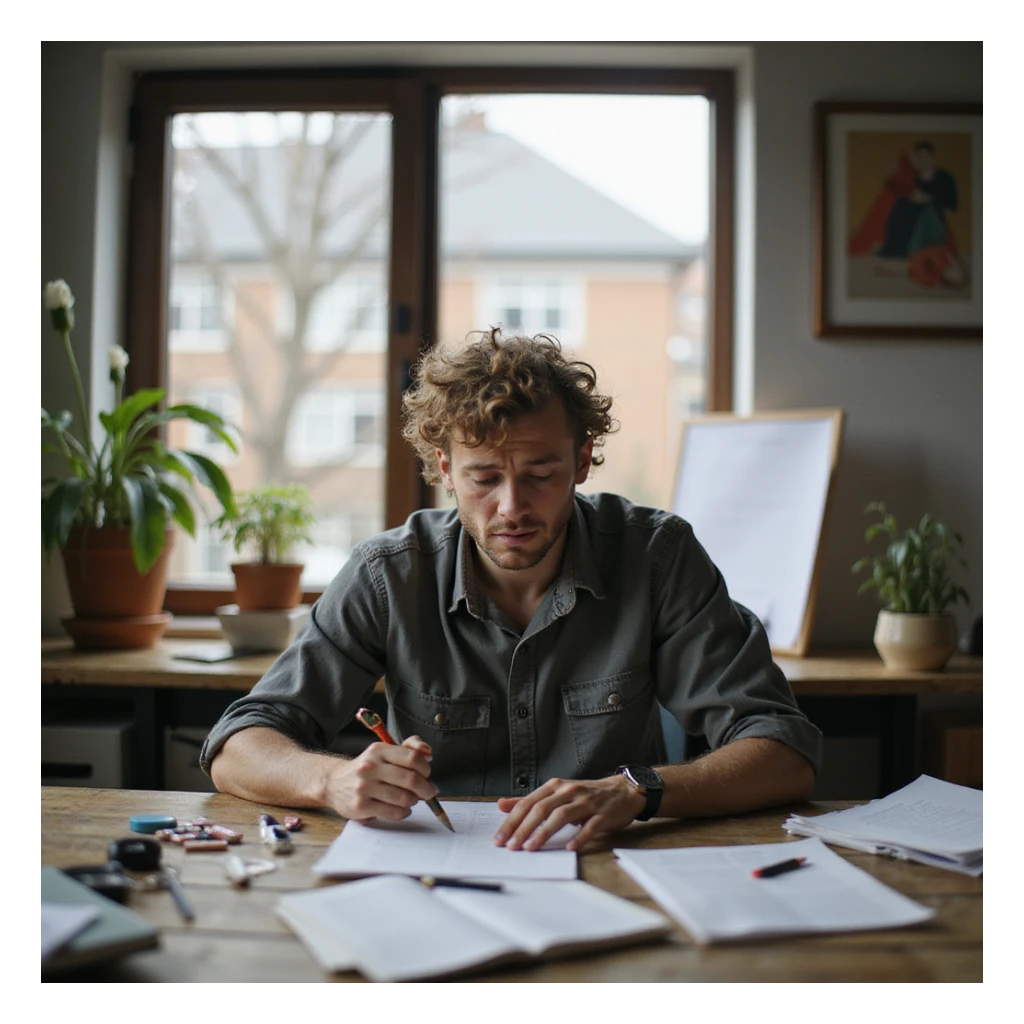 realistic image of a person at a desk, working hard with papers and creative tools scattered around, showing both excitement and a bit of stress sticker
