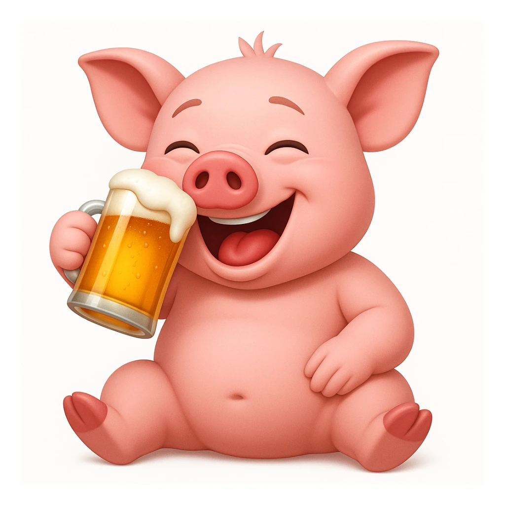 apple pig emoji sitting up drinking a beer drunk laughing sticker