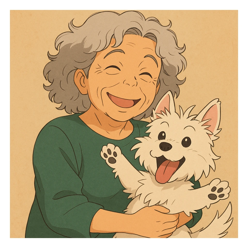 Make the Westie dog playful, with a joyful pose or playful look, keep the 50-year-old lady with silver curly hair smiling sticker