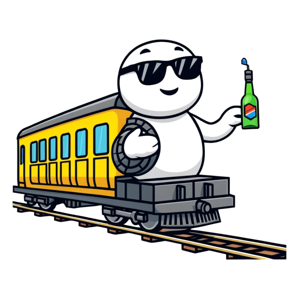 A comical locomotive partying with sunglasses, dancing on train tracks, holding vodka bottles like maracas sticker