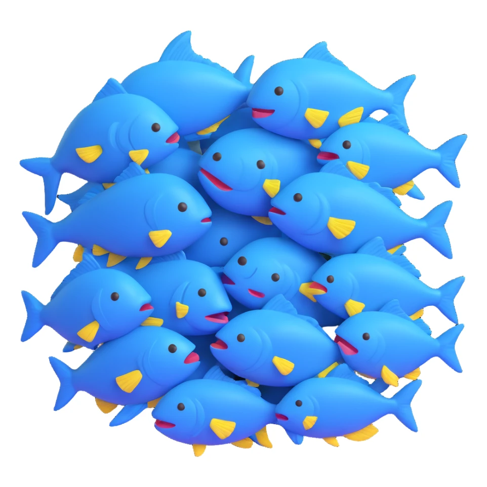 large pile of blue fish, 3D emoji style, no pedestal, variation 2 sticker