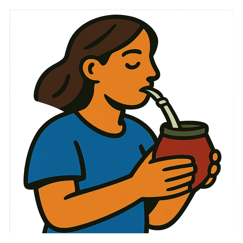 brunette woman drinking mate from a gourd with a bombilla straw sticker