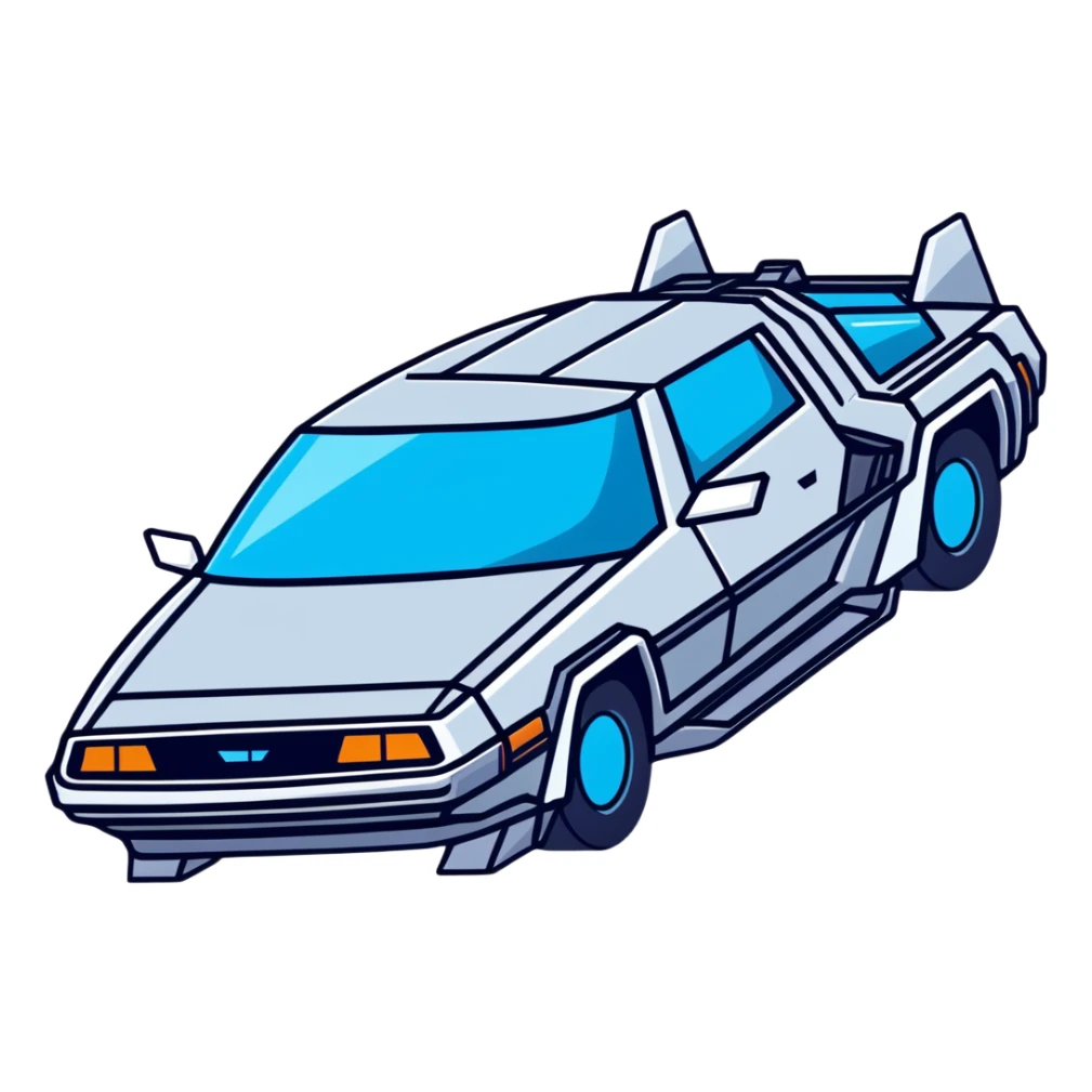 Top-down view of retro-futuristic hover car inspired by the DeLorean, open gullwing doors, silver metallic body with blue-tinted windows, stylized jet boosters in the back, flat vector style, outlined shapes, minimal design sticker