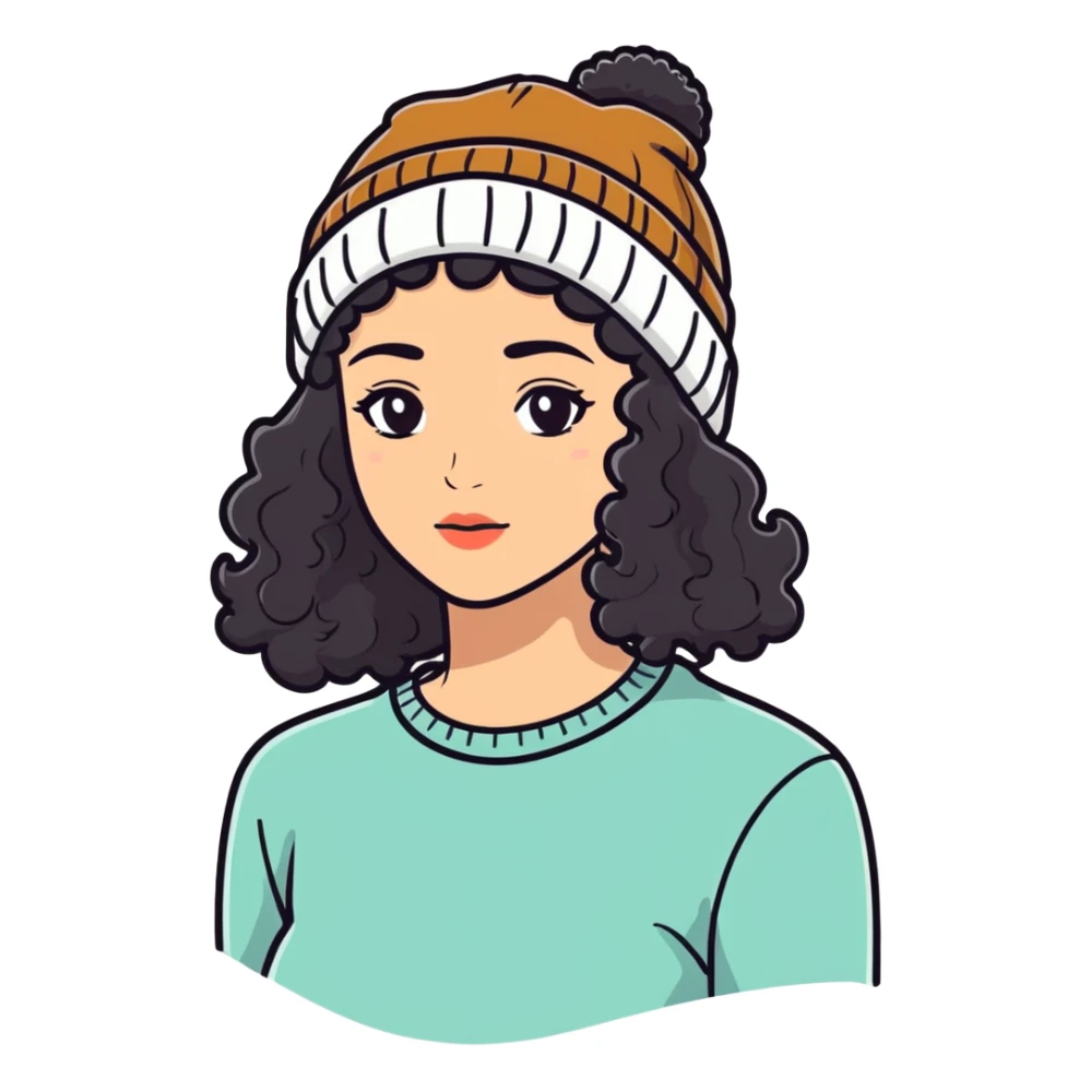 woman with dark curly hair and a beanie sticker